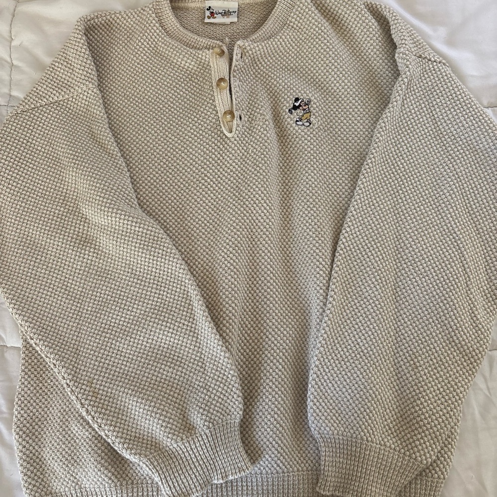 Vintage Disney Beige Button-Up Sweater with Character Patch